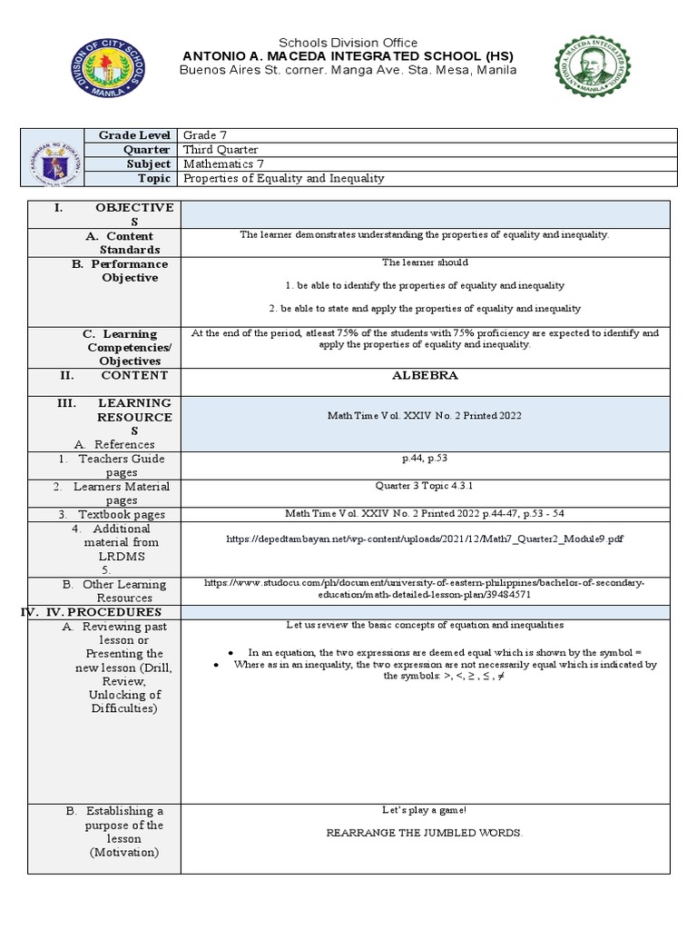 Applying properties of equality and inequality a detailed lesson plan