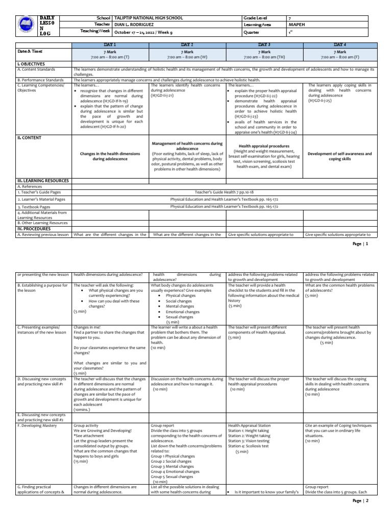 Adolescent Health Management Lesson Plan | PDF | Adolescence | Learning