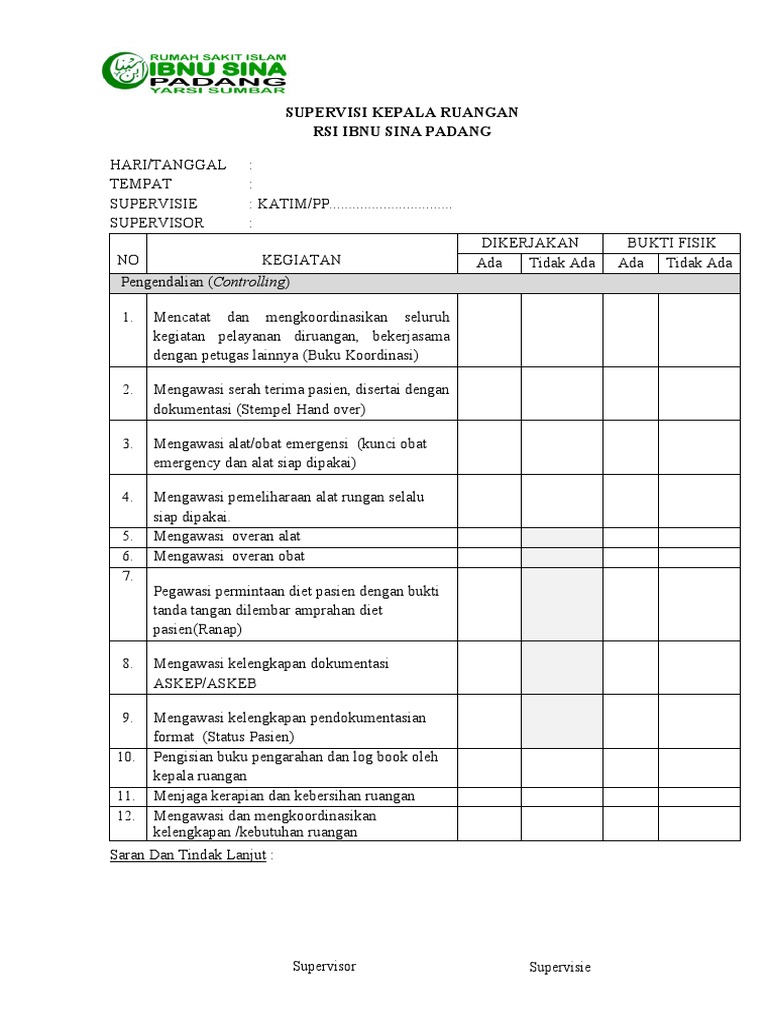 Checklist Supervisi Ruangan RSI | PDF