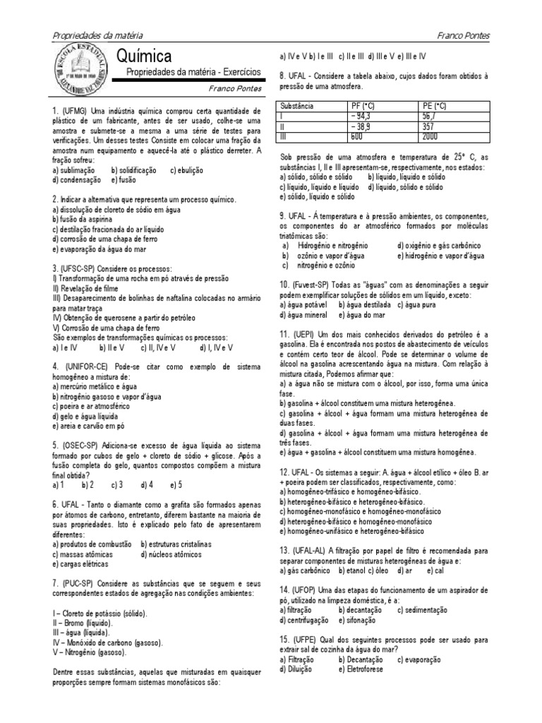 Exercícios sobre Propriedades da Matéria | PDF | Mistura | Substancias ...