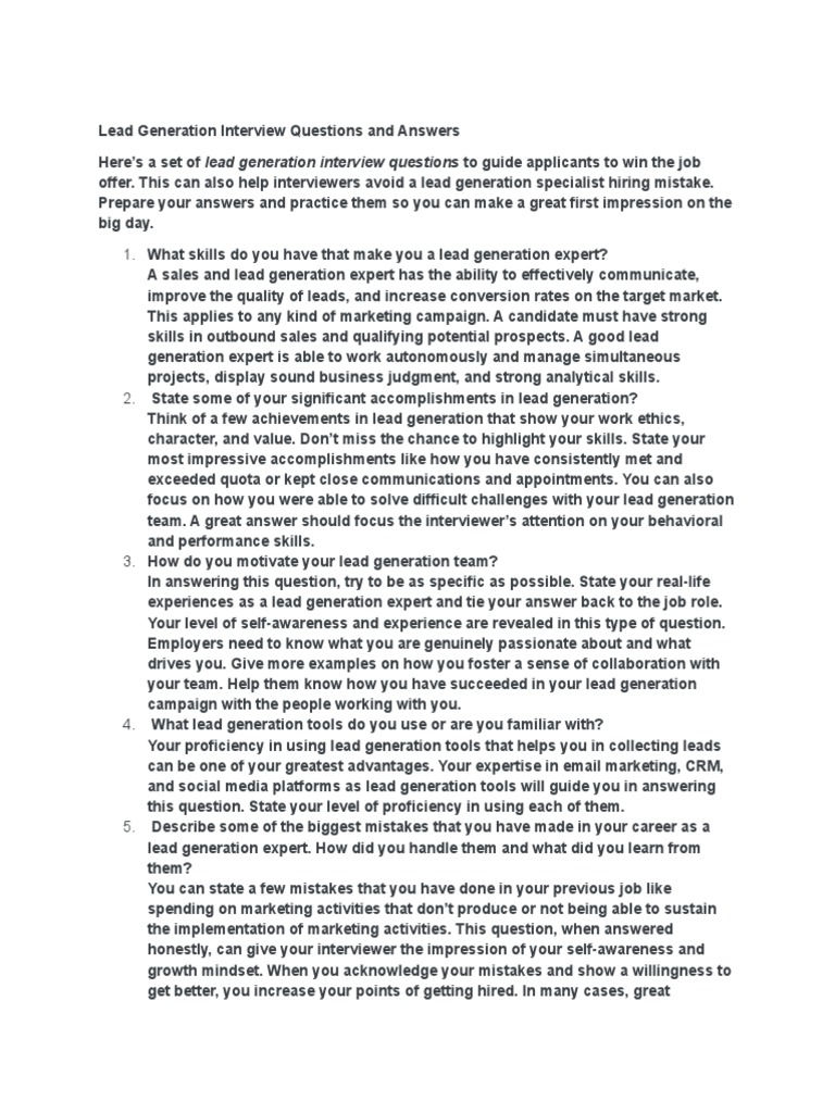 Lead Generation Interview Questions and Answers PDF Expert Sales