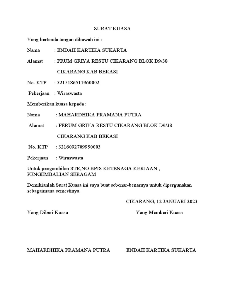 Surat Kuasa untuk Pengurusan Administrasi dan Pengambilan Dokumen | PDF