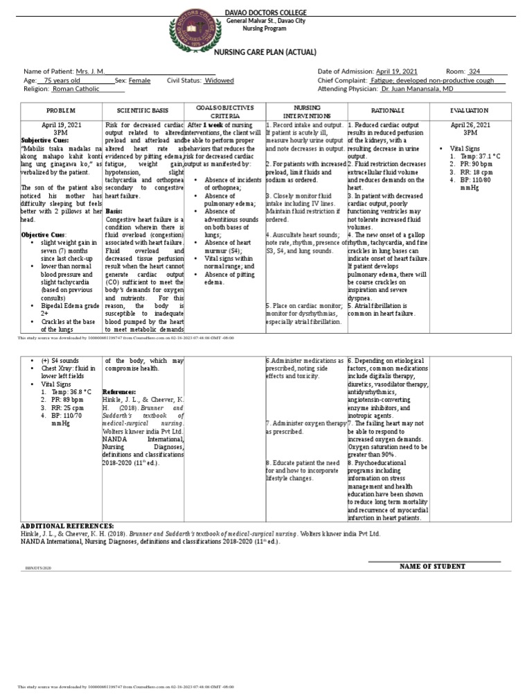 Nursing Care Plan for CHF Patient | PDF | Heart Failure | Heart