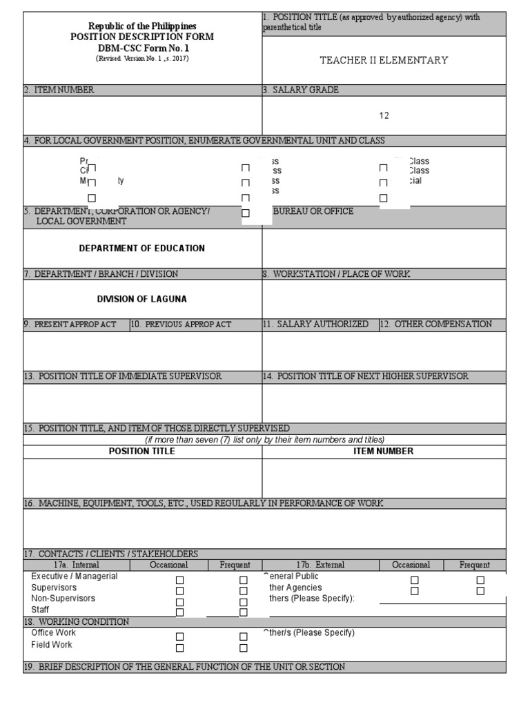 Position Description Form Template PDF Teachers Lesson Plan