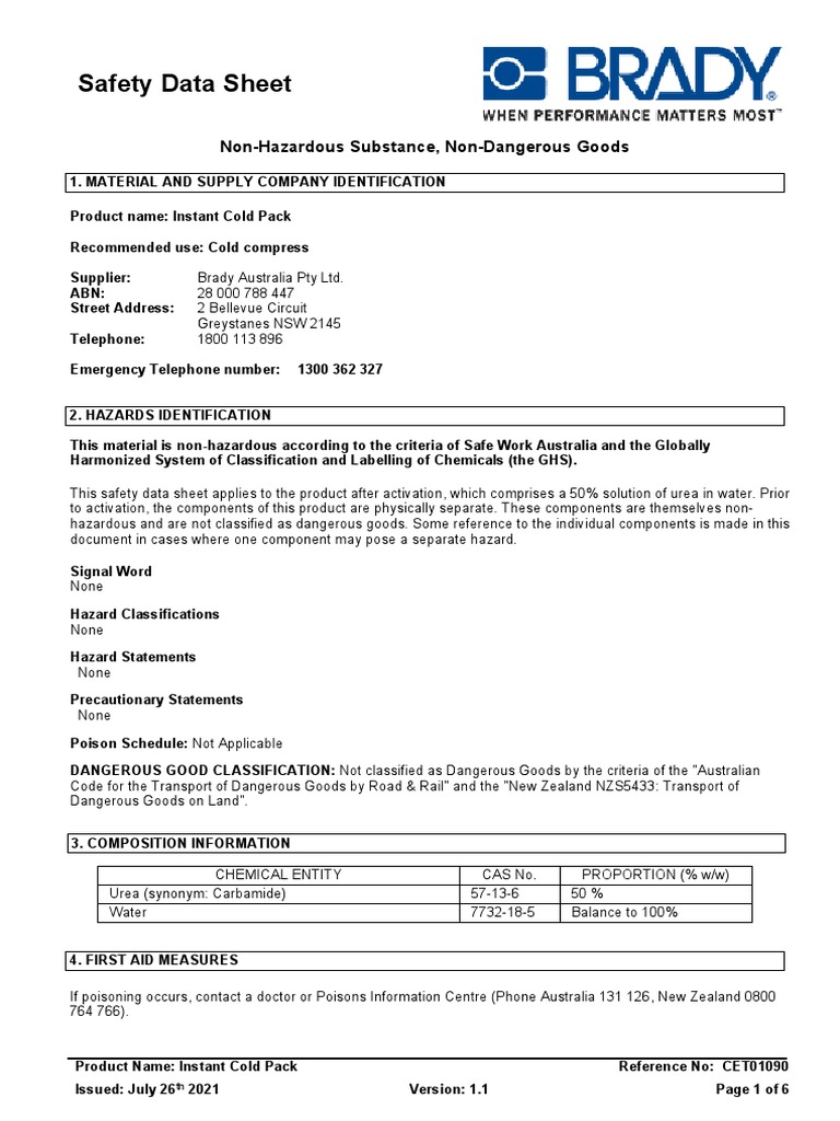 Trafalgar Instant Ice Pack SDS PDF Dangerous Goods Toxicity