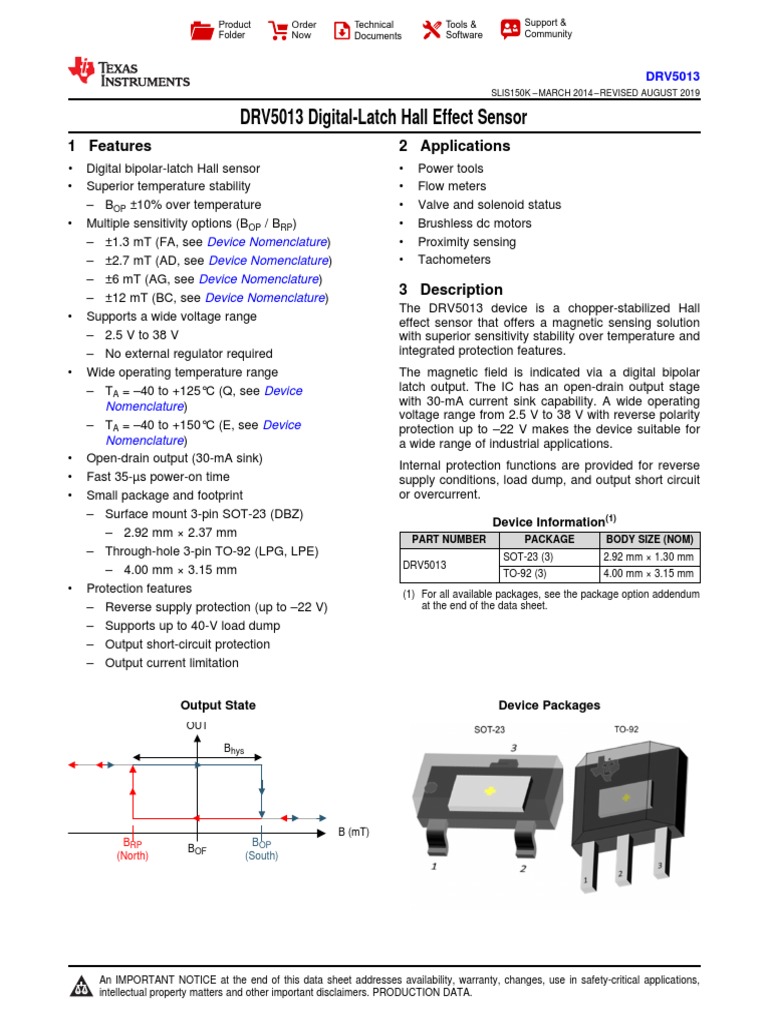 DRV5013 DigitalLatch Hall Effect Sensor PDF Electrostatic Discharge Materials Science