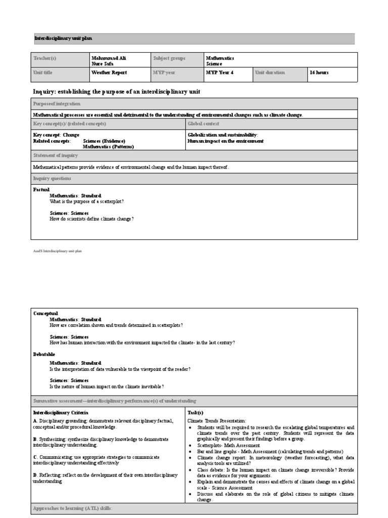 Interdisciplinary Unit Planner Math Science Yr 9 Pdf Science