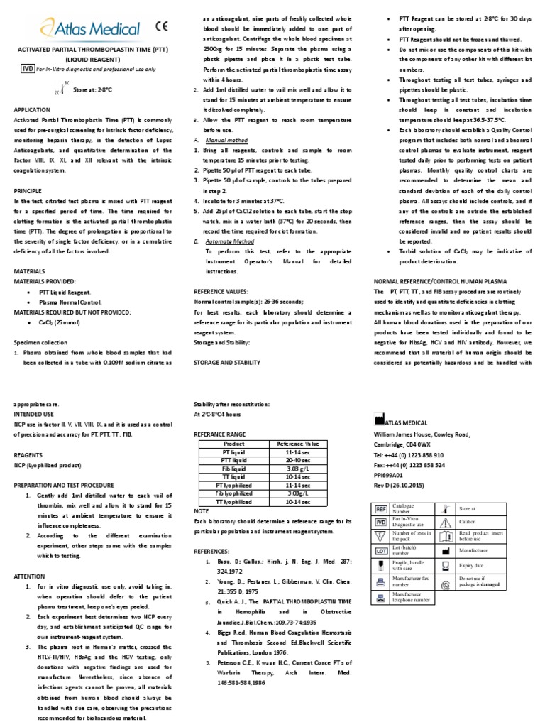 APTT (PTT) Kit With Normal Control Package Insert PDF Blood Plasma