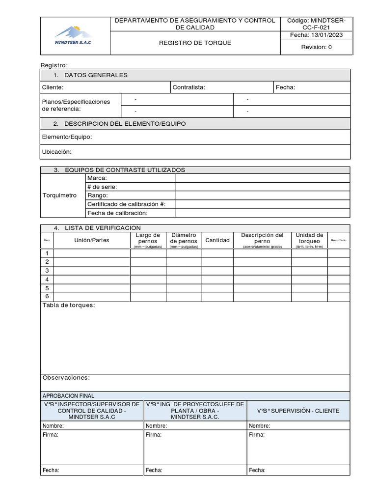 Registro de Torque y Control de Calidad | PDF