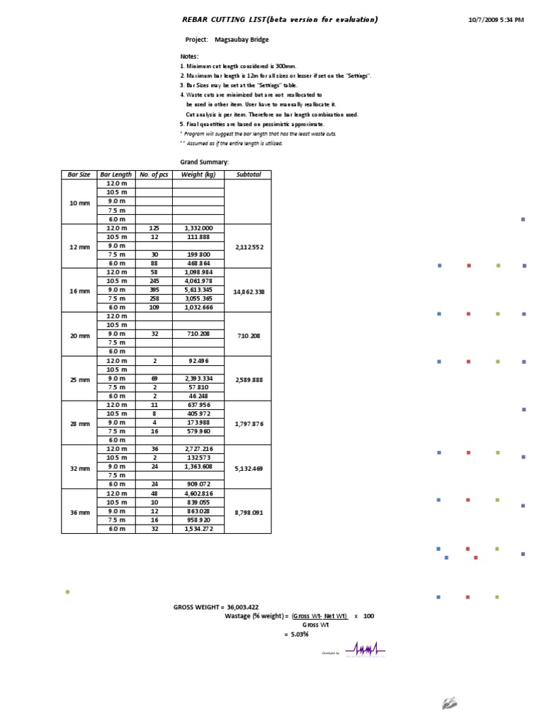 Rebar Cutting List PDF