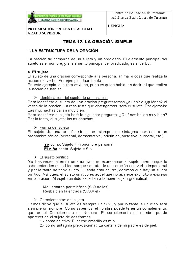 Estructura de la Oración Simple | PDF | Asunto (gramática) | Predicado ...