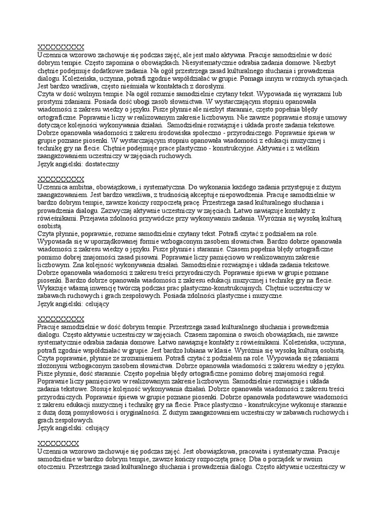 Ocena Opisowa Klasa 1 Nowa Podstawa Programowa Przykłady Ocena Opisowa Kl.3 | PDF