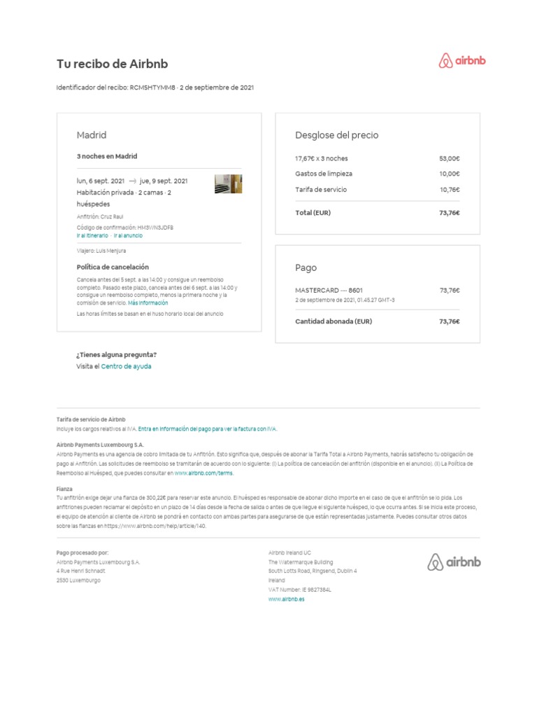 Your Payment Receipt PDF Airbnb