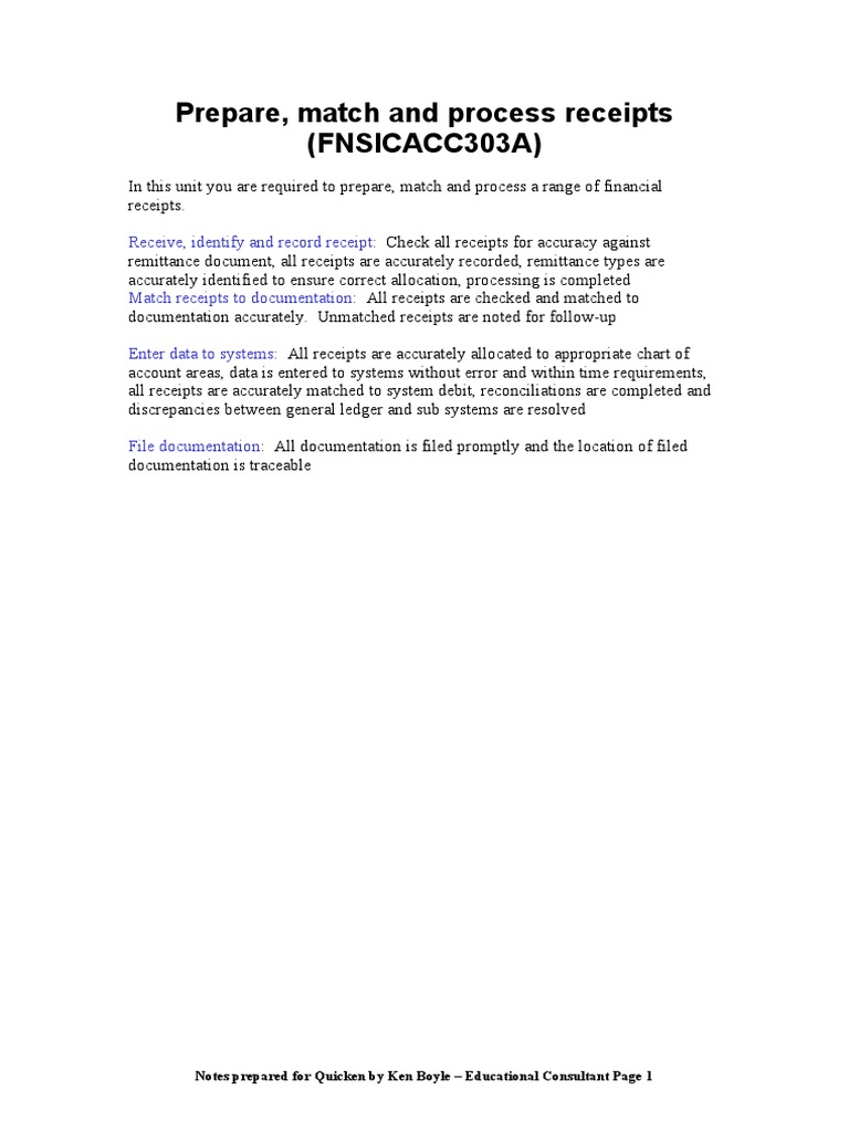 Exercises Prepare, Match Process Receipts-FNSICACC303A | PDF | Debits ...