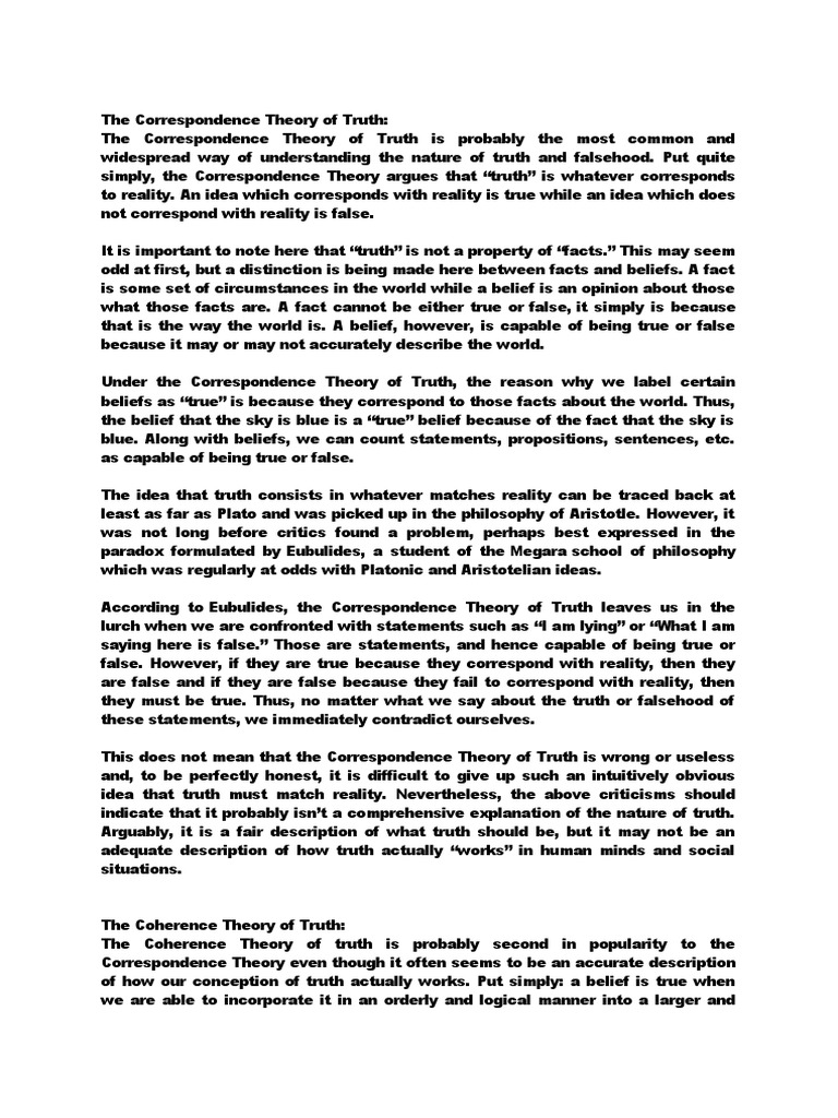 The Correspondence Theory of Truth PDF Truth Correspondence