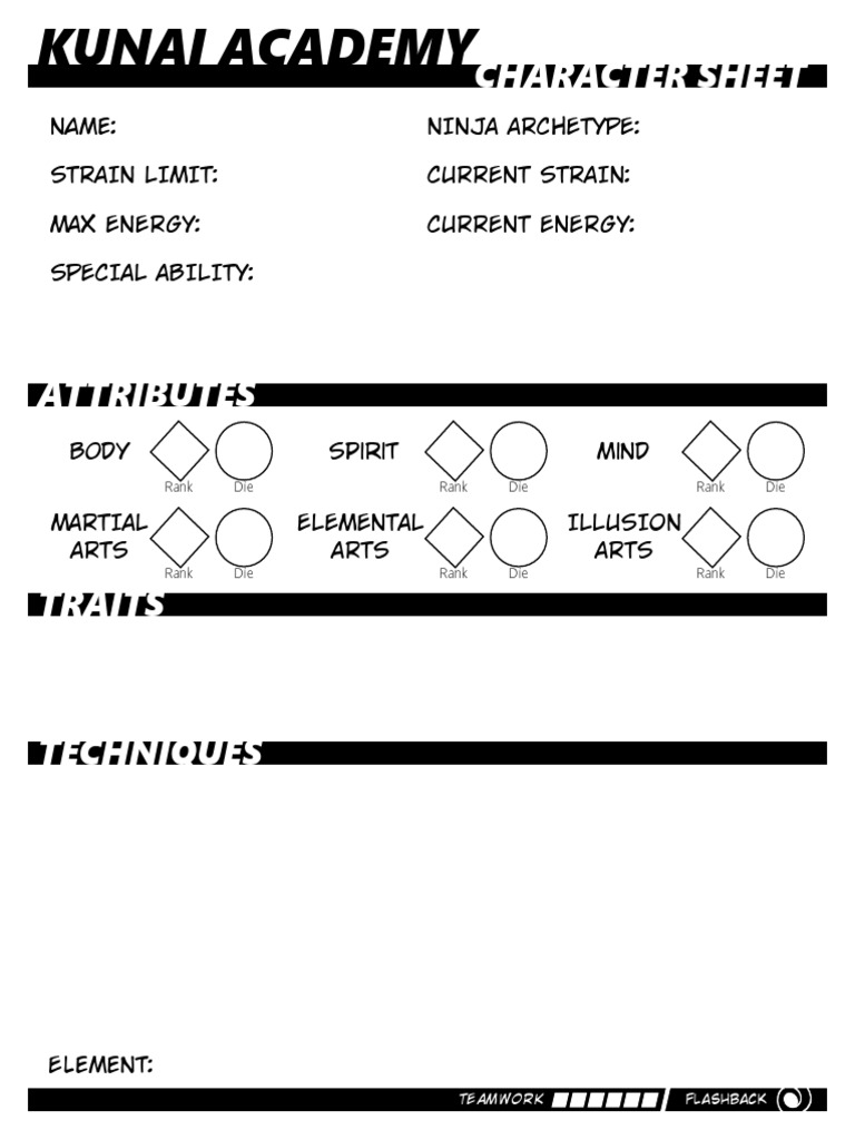 Kunai Academy Fillable Character Sheet PDF