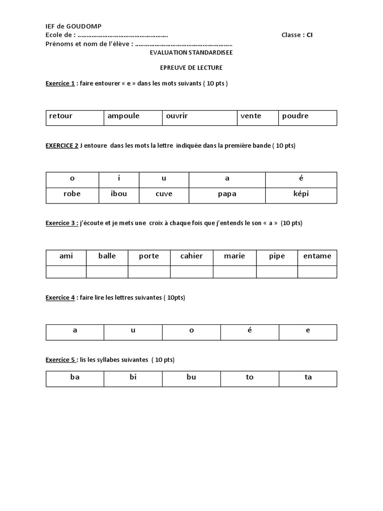 Évaluation Standardisée Classe CI | PDF