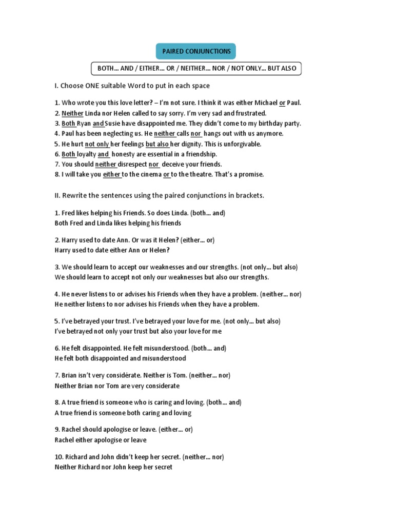 Paired Conjunctions Exercises Guide | PDF