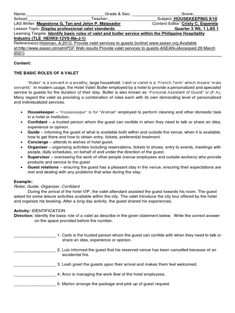 Valet Service Roles in Hospitality | PDF | Domestic Worker
