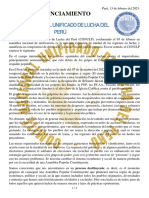 Pronunciamiento del Comité Nacional Unificado de Lucha del Perú rechaza gobierno de Boluarte y pide Asamblea Constituyente