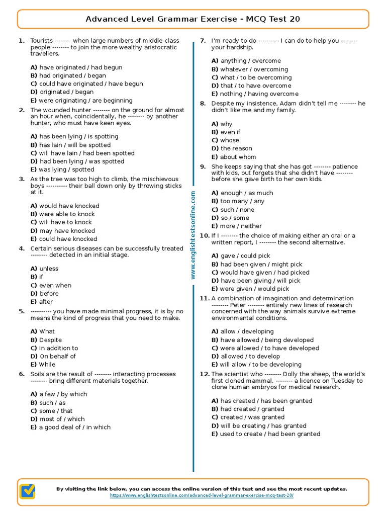 843 Advanced Level Grammar Exercise Mcq Test 20 Download Free Pdf