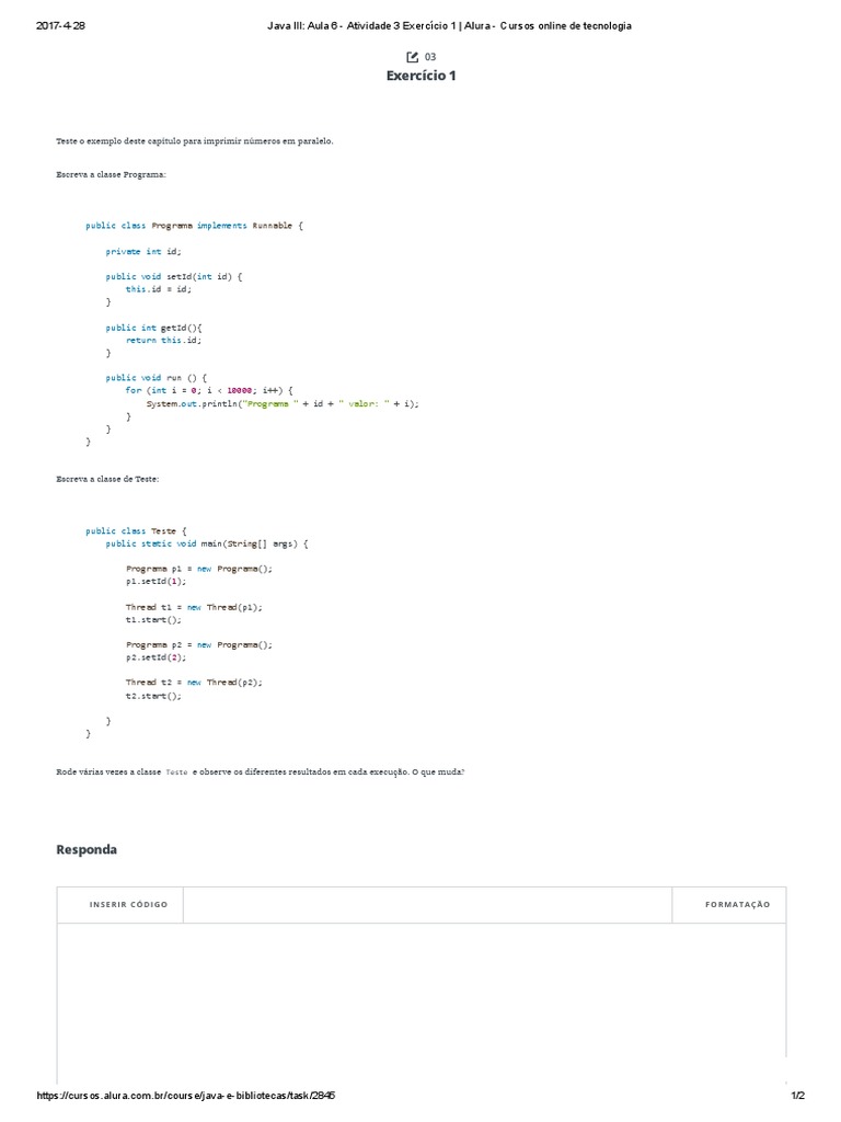 Java III - Aula 6 - Atividade 3 Exercício 1 - Alura - Cursos Online de ...