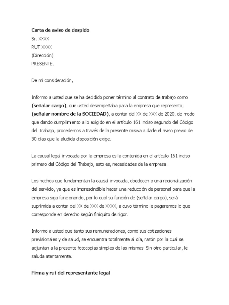 Modelo De Carta De Aviso De Despido 1 Pdf