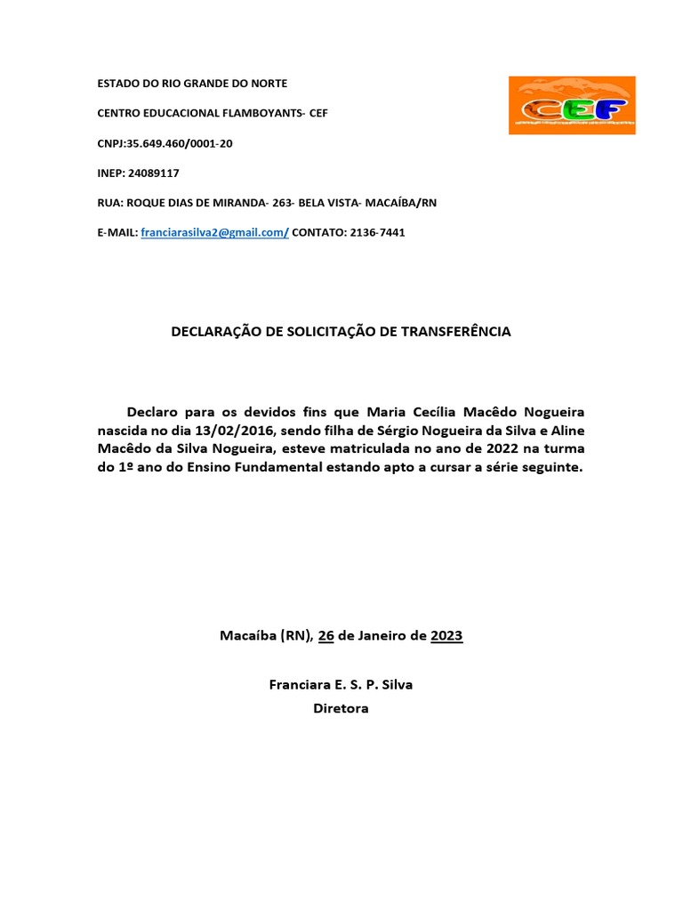 Declaração de Transferência | PDF