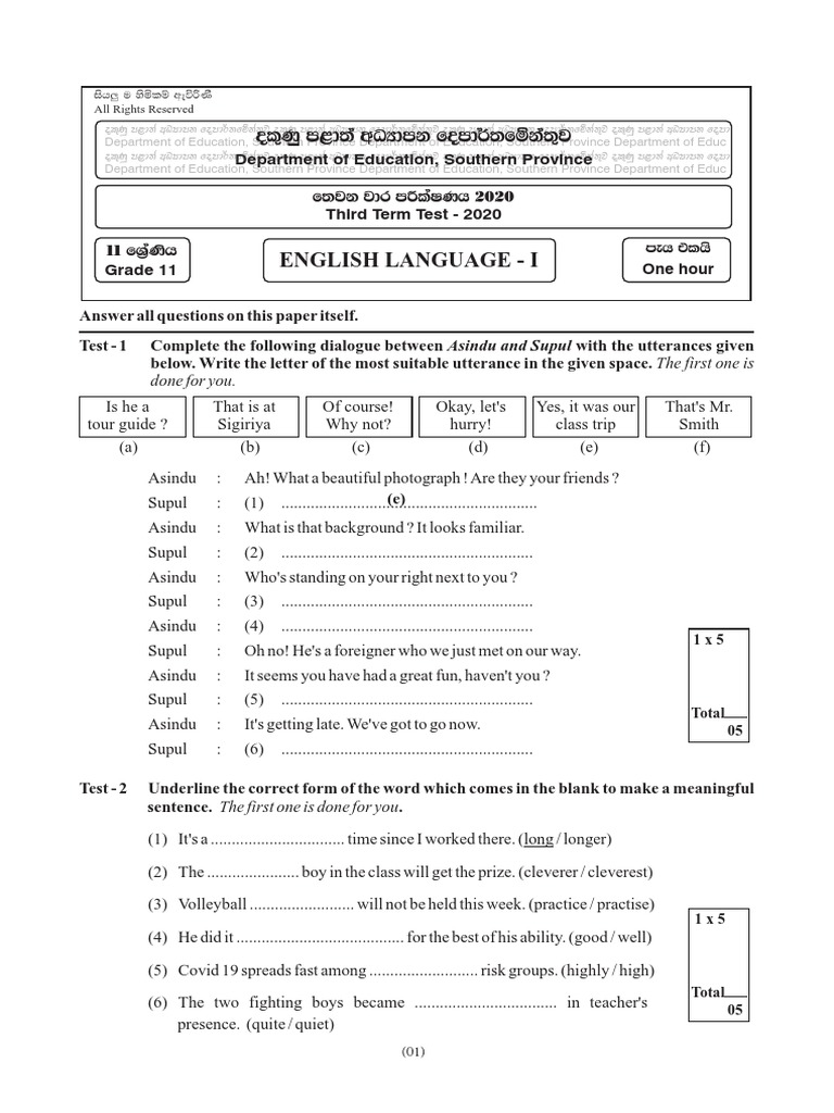 Southern Province Grade 11 English 2020 3 Term Test Paper 61ea82b095b51