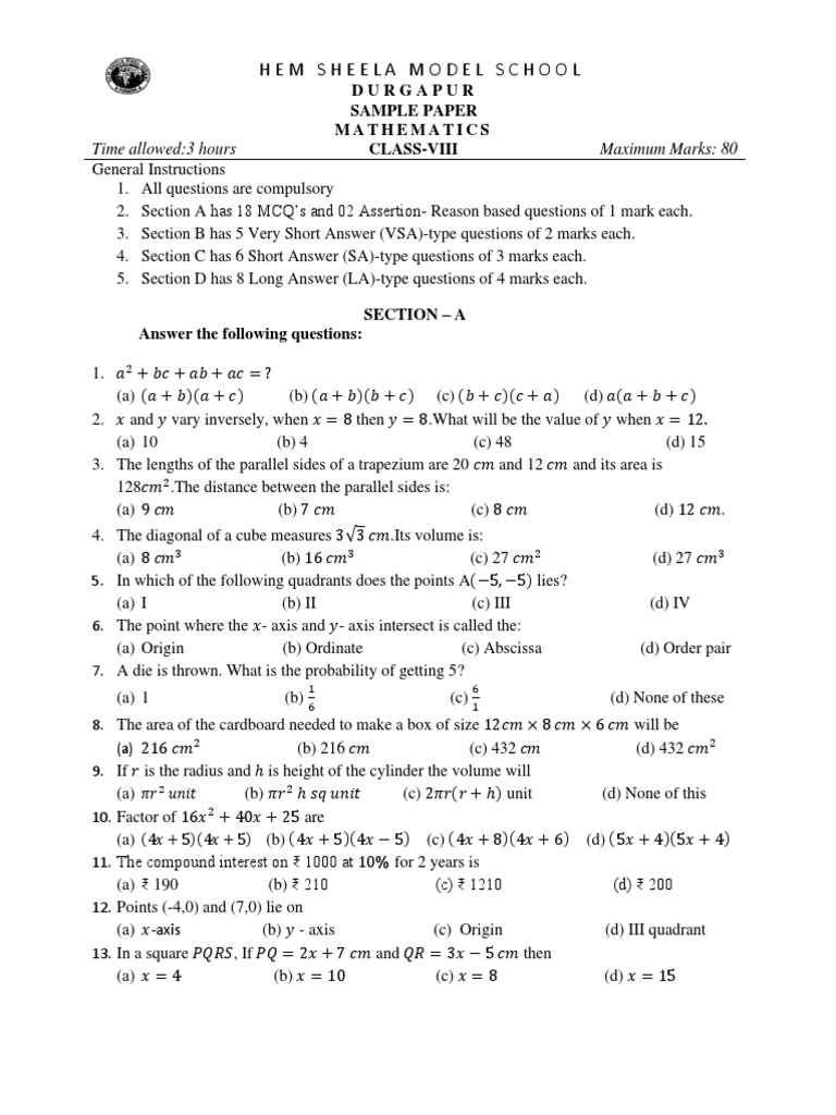 Class 8 Mathematics Sample Paper | PDF | Area | Geometry