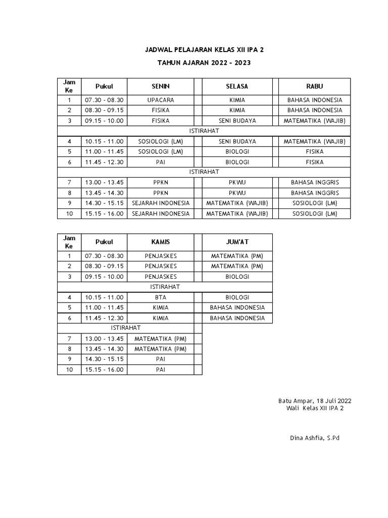 Jadwal Pelajaran Kelas XII IPA 2 | PDF