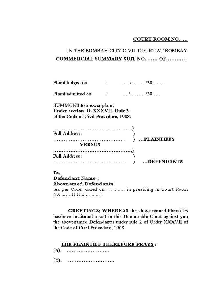 Commercial Summary Suit SUMMONS Blank Format PDF Lawsuit Civil
