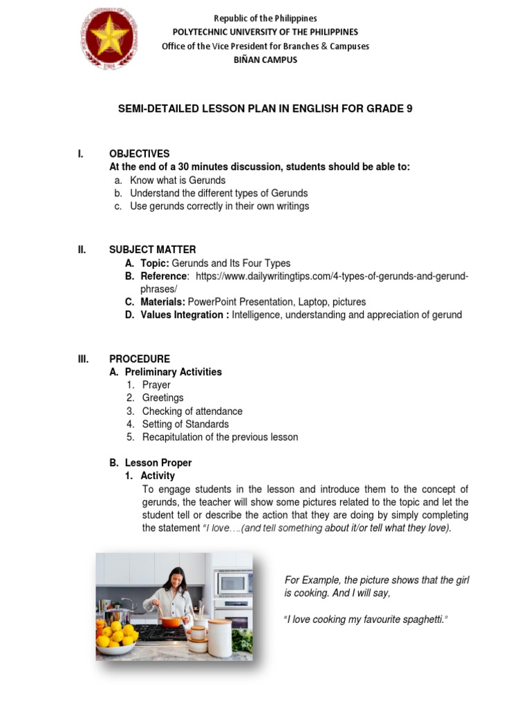 Grade 9 English Lesson Plan: Gerunds | PDF | Subject (Grammar ...