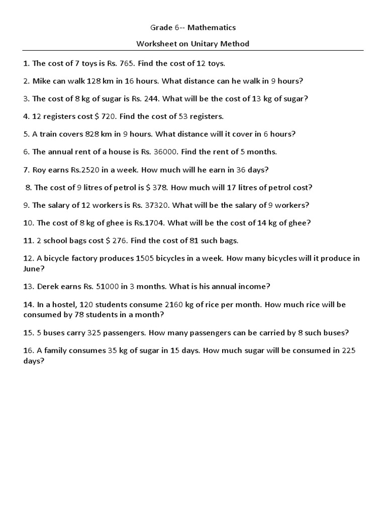 Grade 6 Worksheet - Unitary Method | PDF