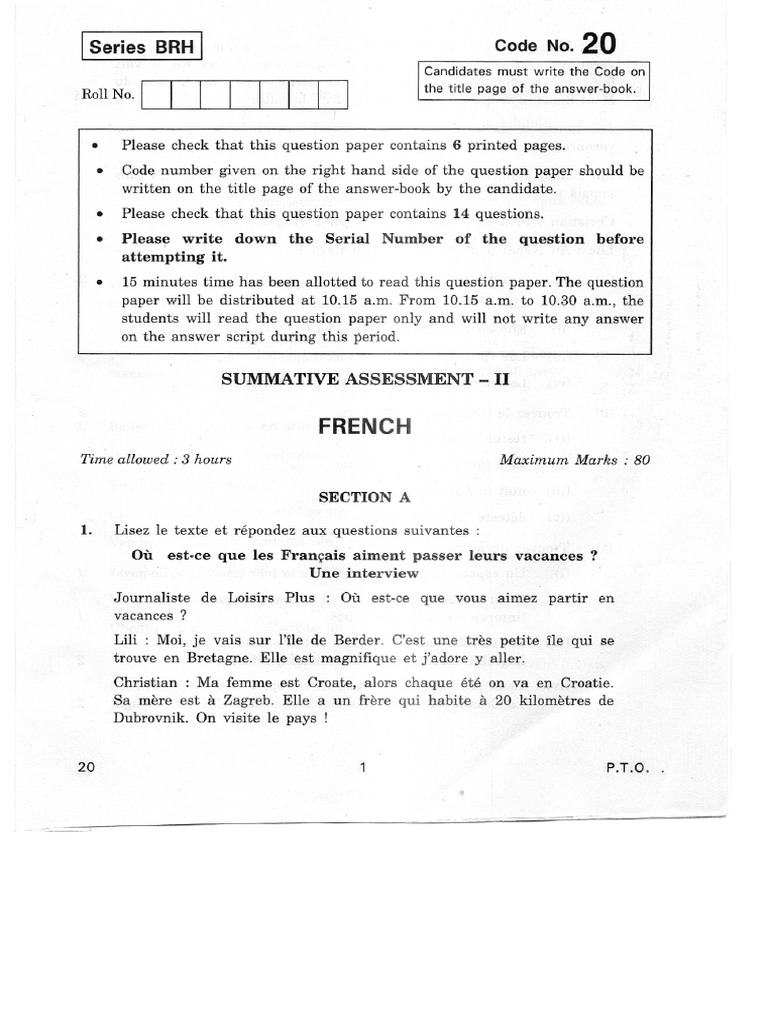 CBSE Class 10 French 2012 Question Paper PDF