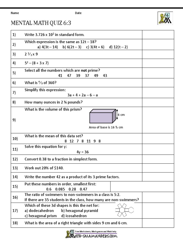 Mental Math 6th Grade 3 | PDF | Area | Ratio