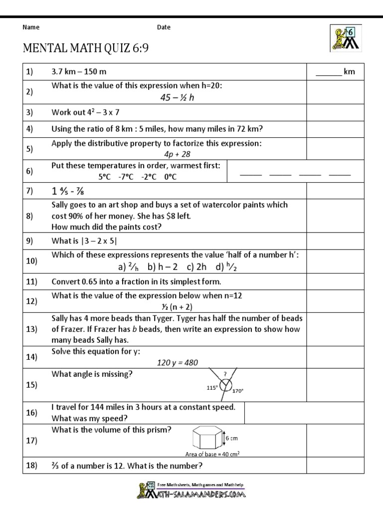 Class 9 Mental Maths Quiz Answers | PDF | Speed | Ratio