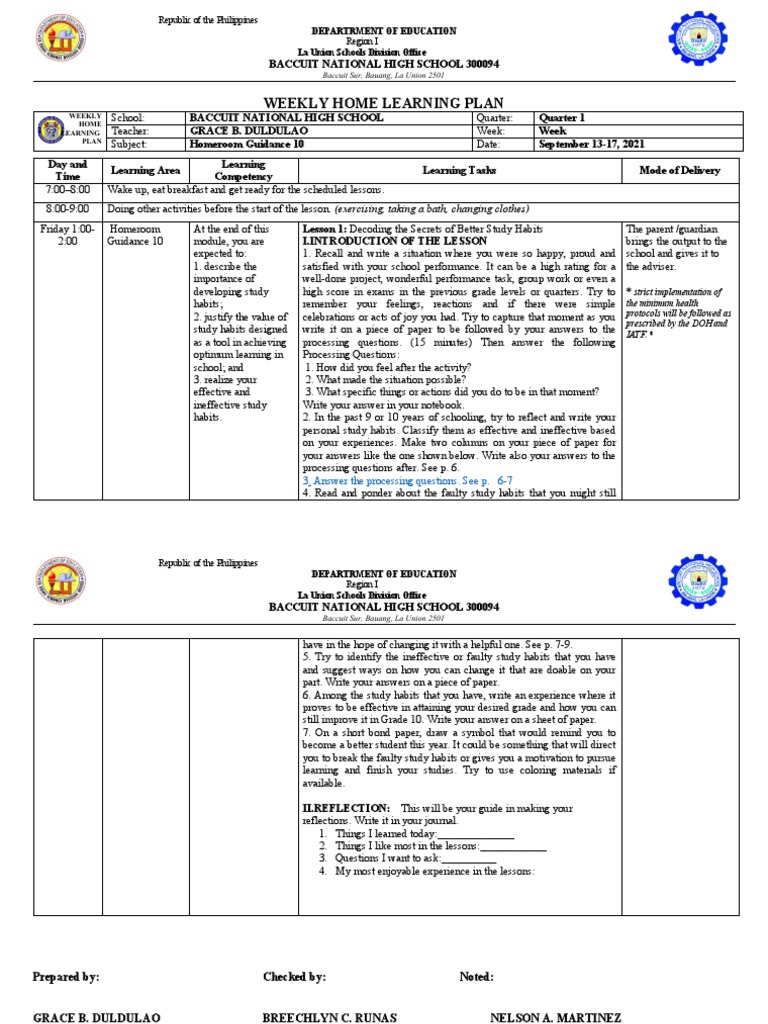 Weekly Home Learning Plan | PDF | Cognitive Psychology | Cognition