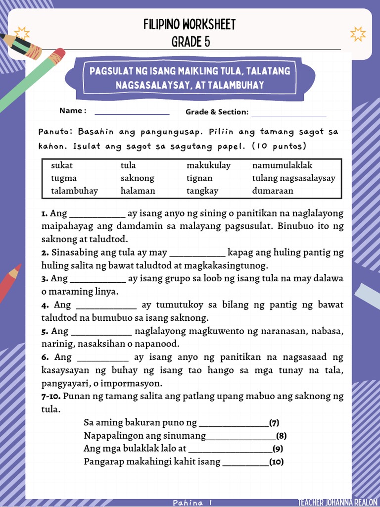 Filipino 5 Worksheet Realon, J PDF