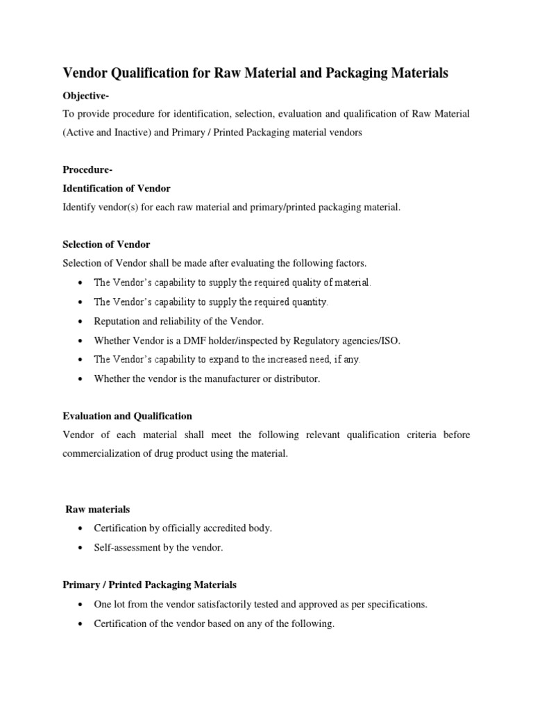 Vendor Qualification For Raw Material and Packaging Materials PDF