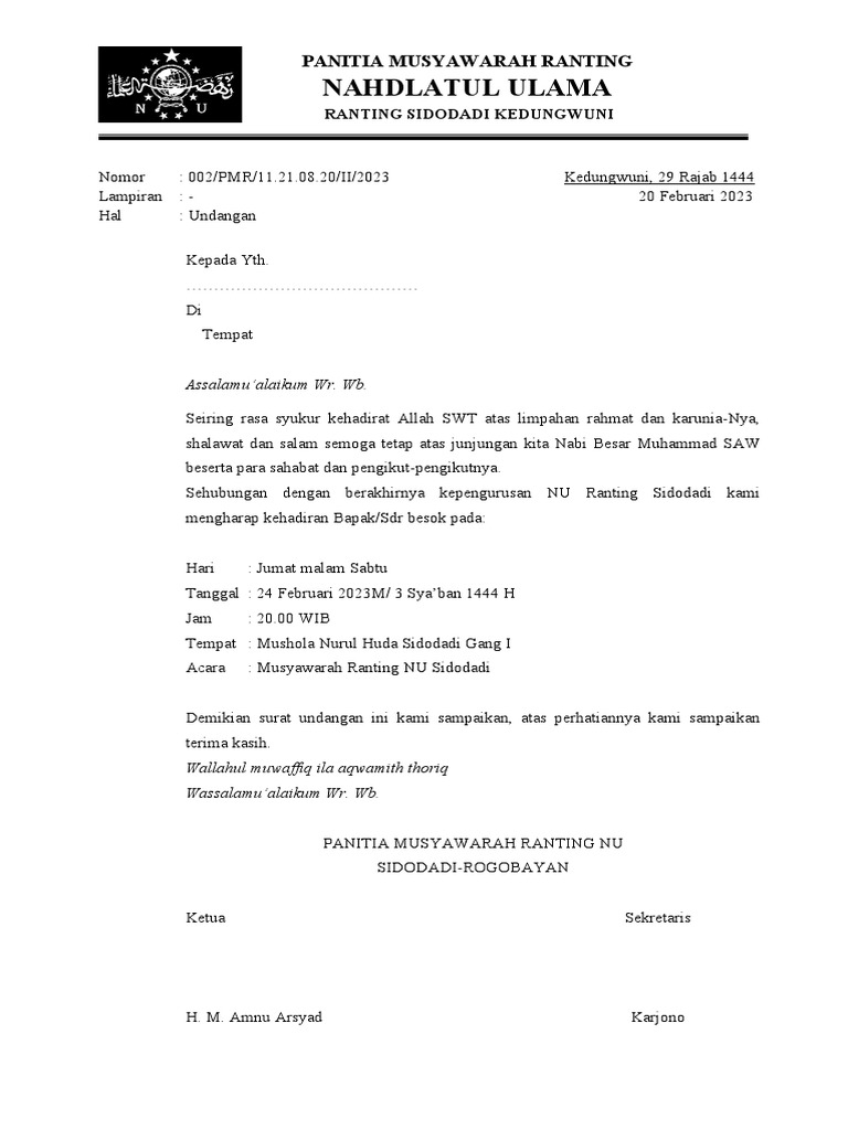 Undangan Musyawarah Ranting NU Sidodadi | PDF