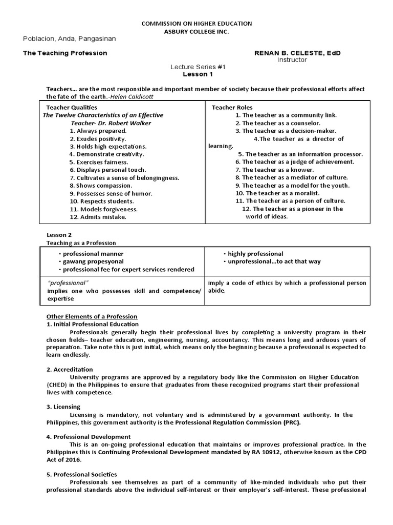 Teaching Profession Chapter 1 3 Pdf Teachers Learning