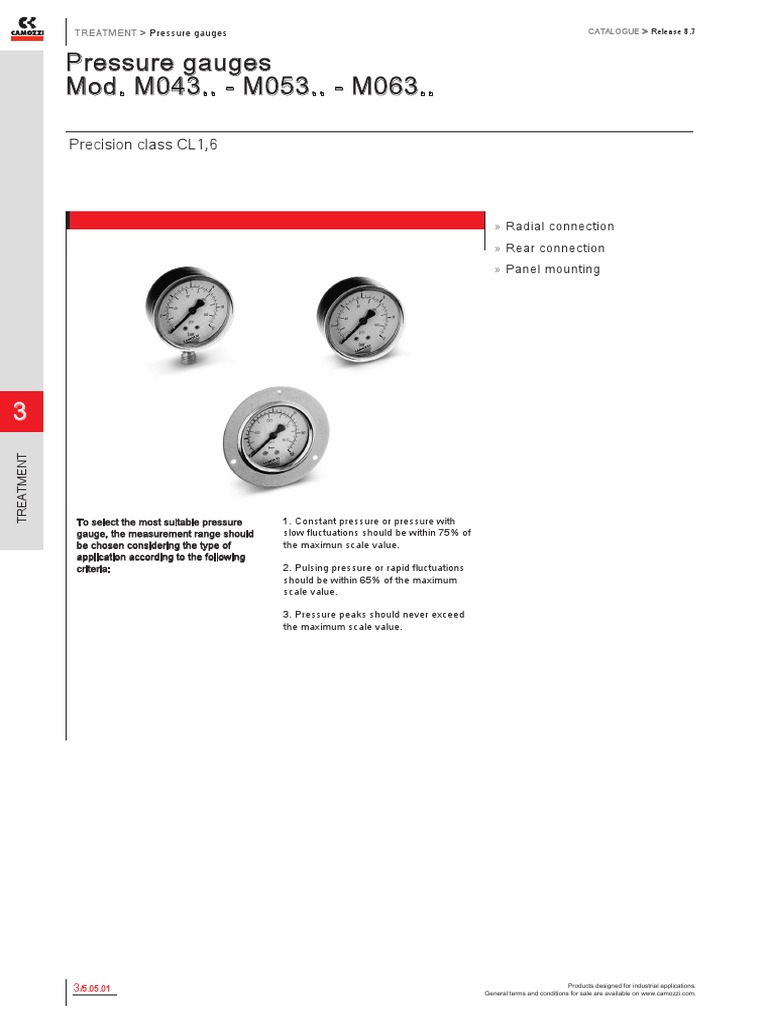 Specifications and Dimensional Drawings for Camozzi Pressure Gauges