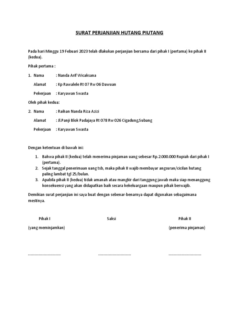 Surat Perjanjian Hutang Piutang Pdf