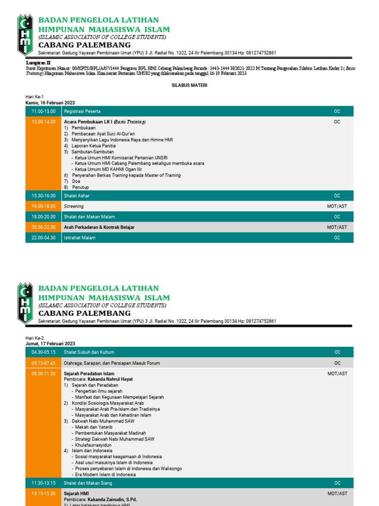 Silabus Basic Training LK I Hmi Pertanian Unsri | PDF | Perjalanan