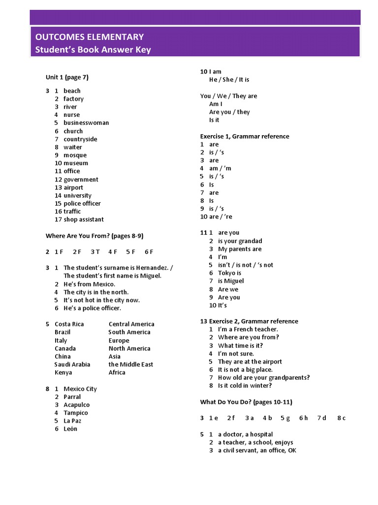 Outcomes Elementary Answer Key | PDF | Noun | Plural