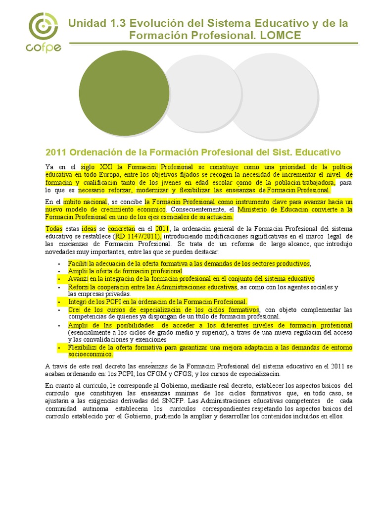 1.3 HISTORIA DE LA FP. LOMLOE | PDF | Plan de estudios | Educación primaria