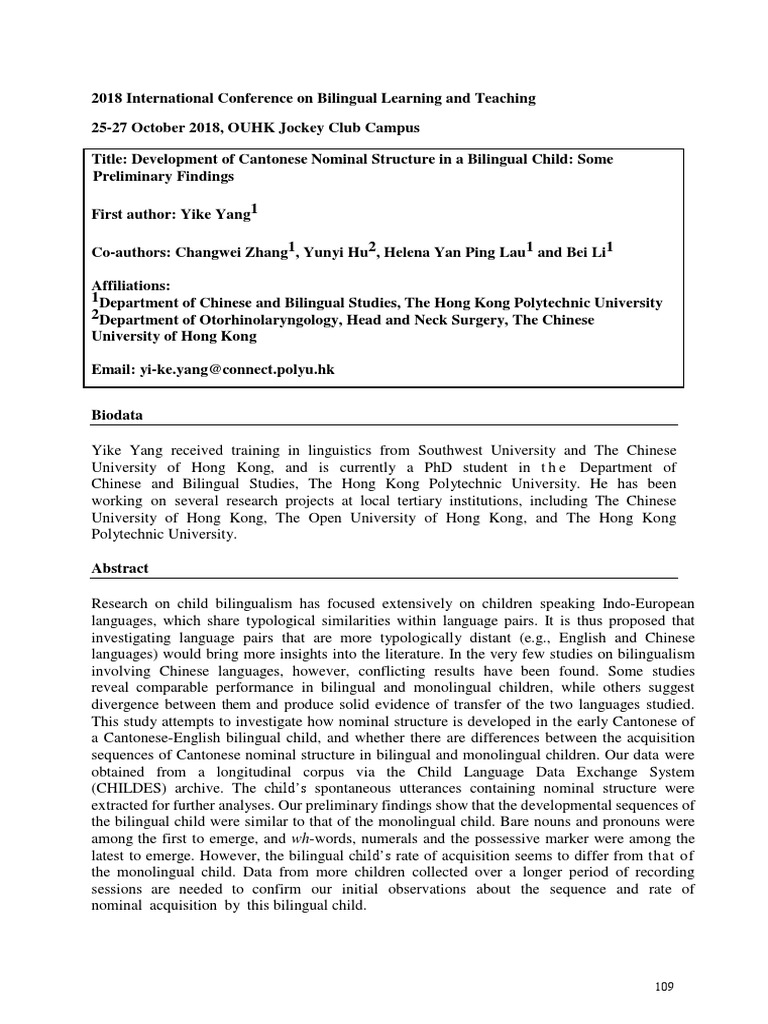 Development of Cantonese Nominal Structure in A Bilingual Child | PDF ...