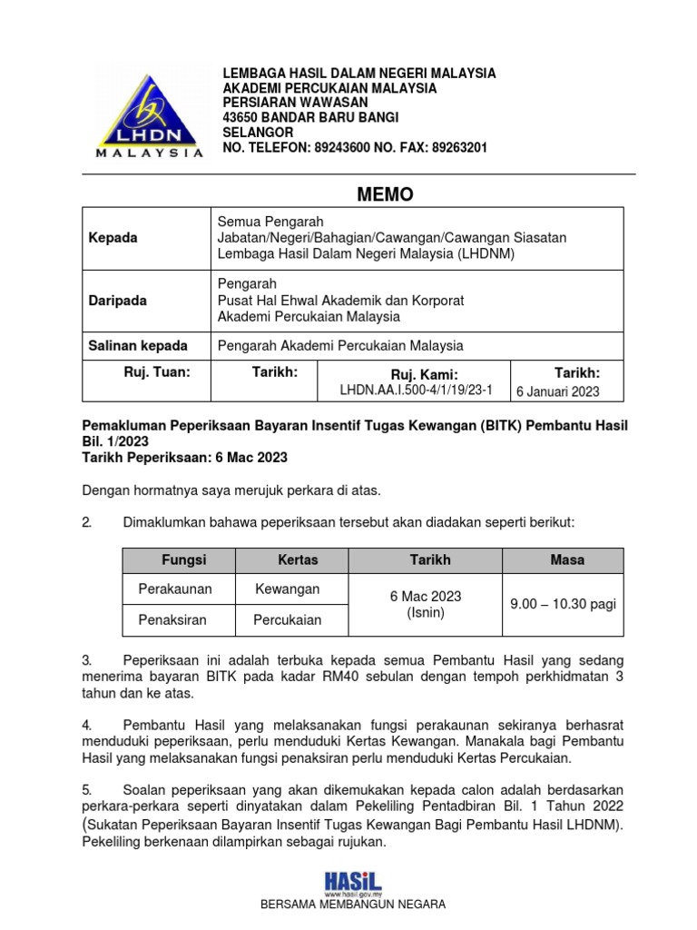 Pemakluman Peperiksaan BITK Bil. 1 2023 PDF