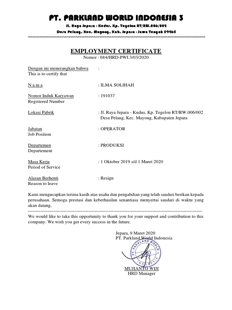 Sertifikat Kerja PT Parkland Jepara | PDF